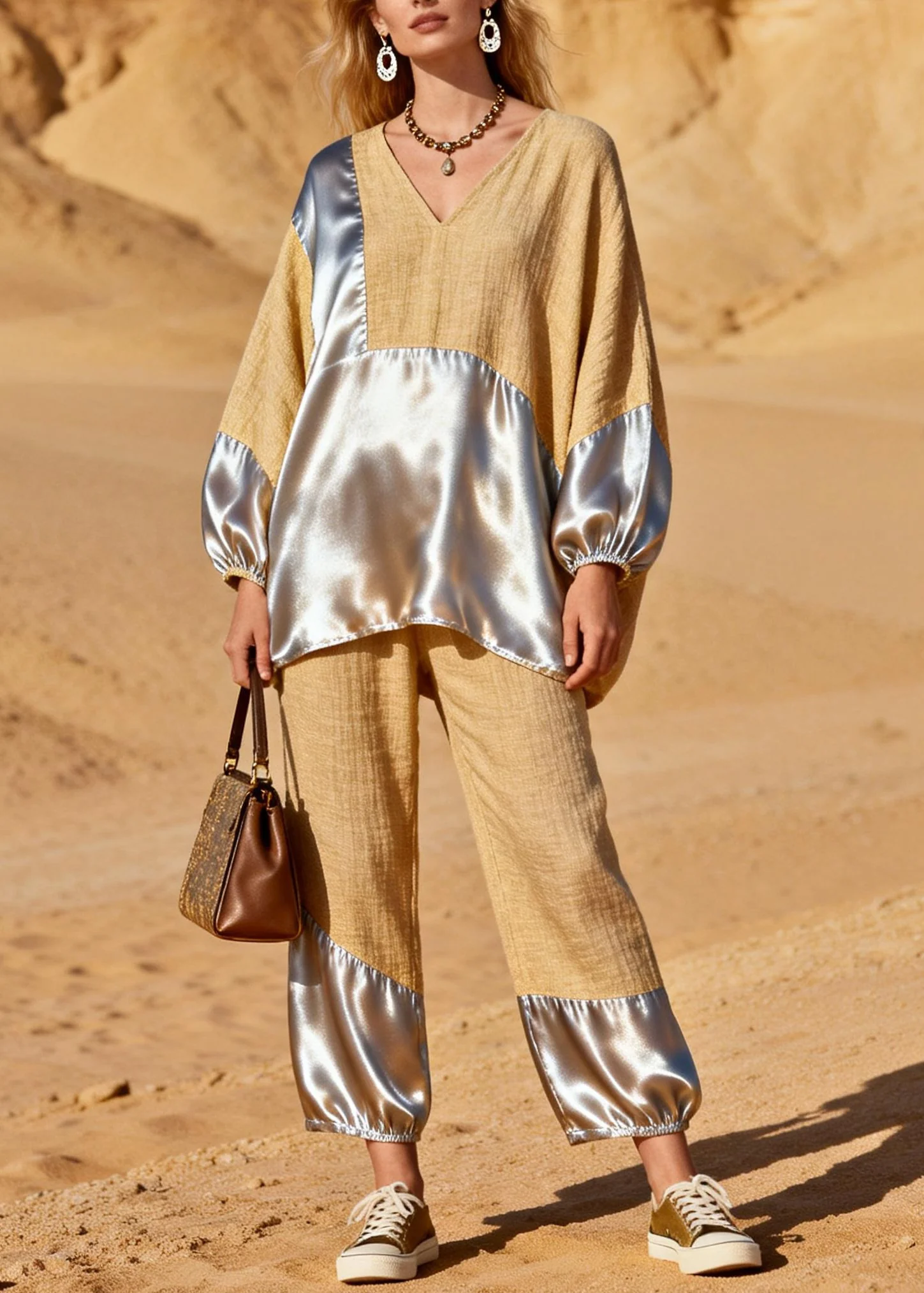 Khaki Loose Tops And Pants Silk Patchwork Two Pieces Set V Neck Spring - Image 3