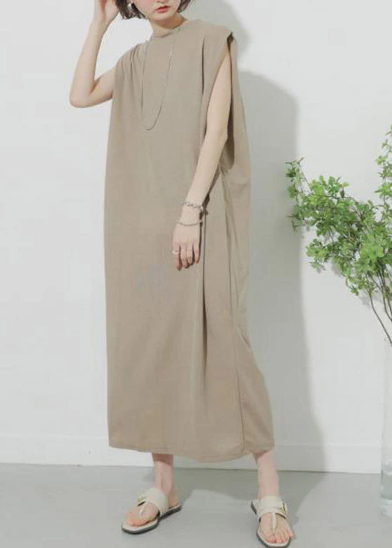 Khaki O-Neck Solid Maxi Dress Summer - Image 3