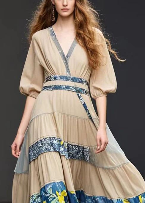Khaki Patchwork Chiffon Holiday Dress Exra Large Hem Summer - Image 2