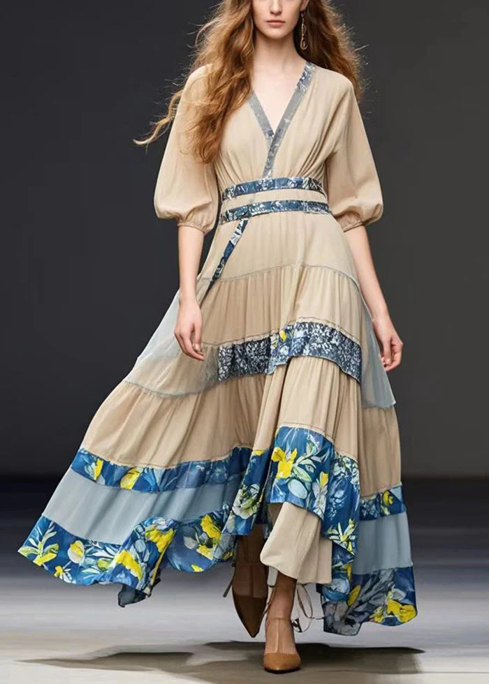 Khaki Patchwork Chiffon Holiday Dress Exra Large Hem Summer - Image 3