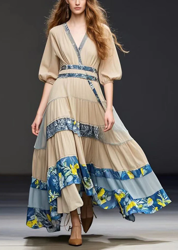 Khaki Patchwork Chiffon Holiday Dress Exra Large Hem Summer - Image 5