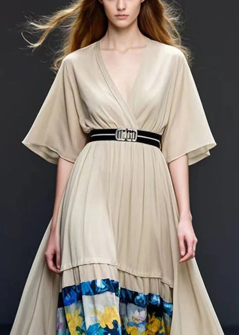 Khaki Patchwork Chiffon Long Dress V Neck Summer - Image 2