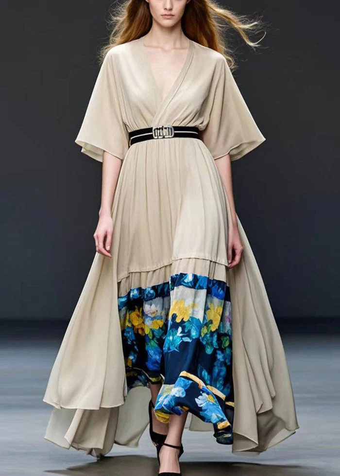 Khaki Patchwork Chiffon Long Dress V Neck Summer - Image 3
