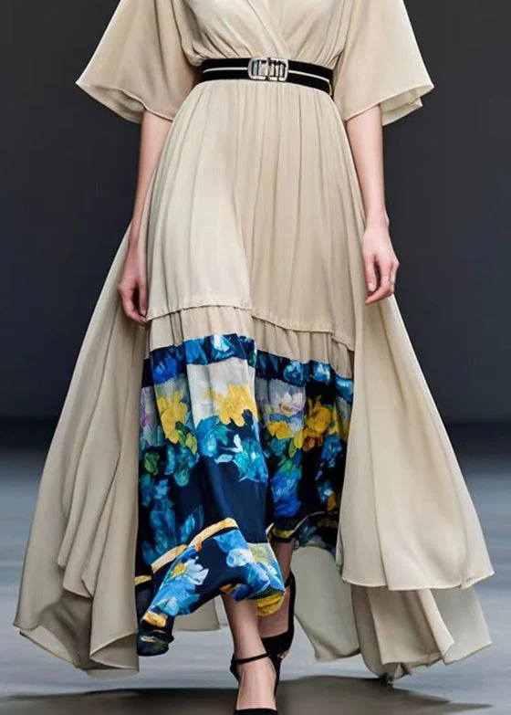 Khaki Patchwork Chiffon Long Dress V Neck Summer - Image 4