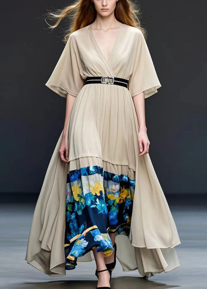 Khaki Patchwork Chiffon Long Dress V Neck Summer - Image 5