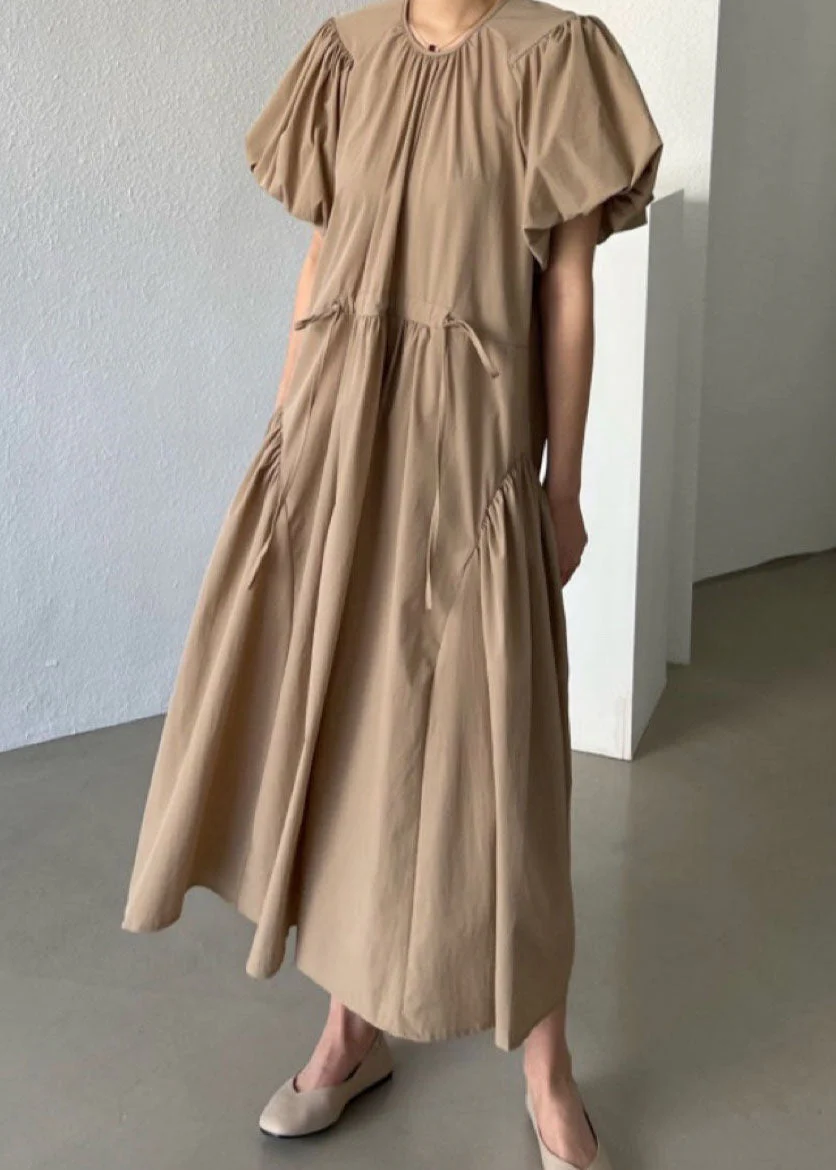 Khaki Patchwork Cotton Dresses Wrinkled Puff Sleeve - Image 2