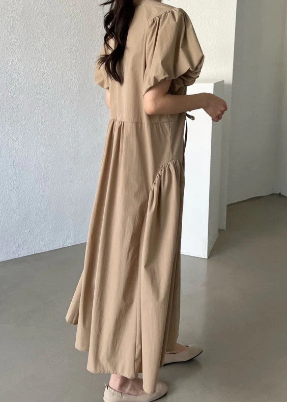 Khaki Patchwork Cotton Dresses Wrinkled Puff Sleeve - Image 3