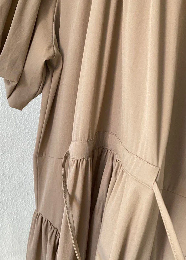 Khaki Patchwork Cotton Dresses Wrinkled Puff Sleeve - Image 4