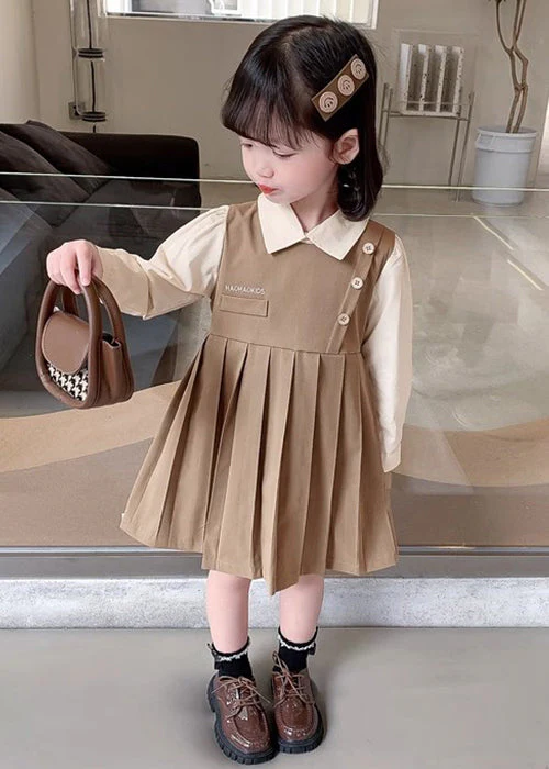 Khaki Patchwork Cotton Girls Dresses Peter Pan Collar Long Sleeve - Image 3