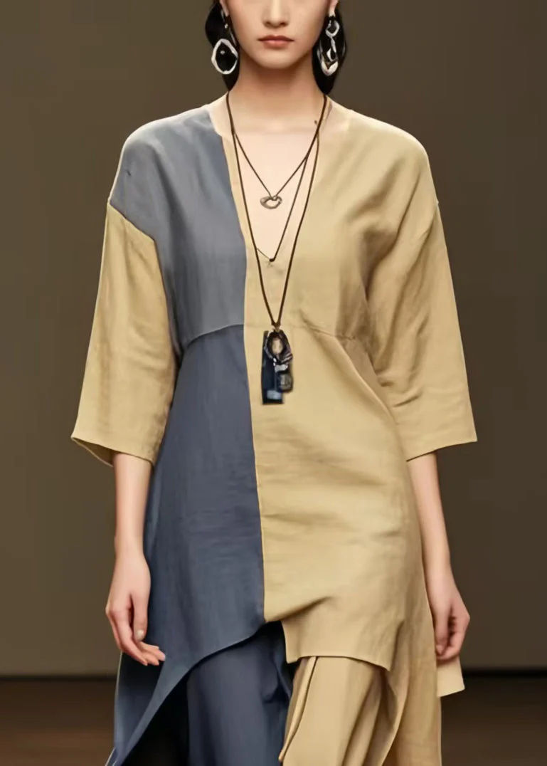 Khaki Patchwork Cotton Long Dresses Asymmetrical Summer - Image 2