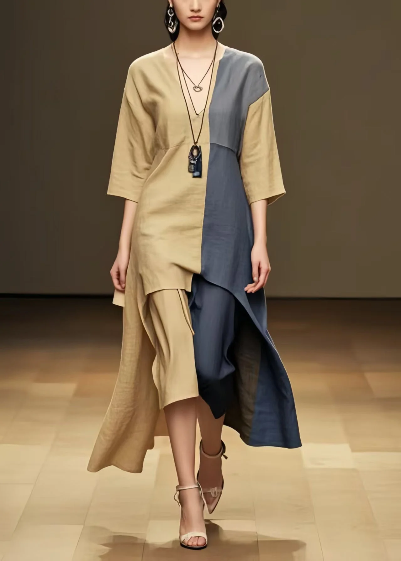 Khaki Patchwork Cotton Long Dresses Asymmetrical Summer - Image 3