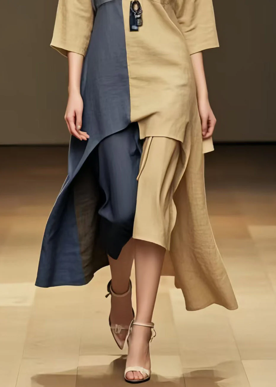 Khaki Patchwork Cotton Long Dresses Asymmetrical Summer - Image 4