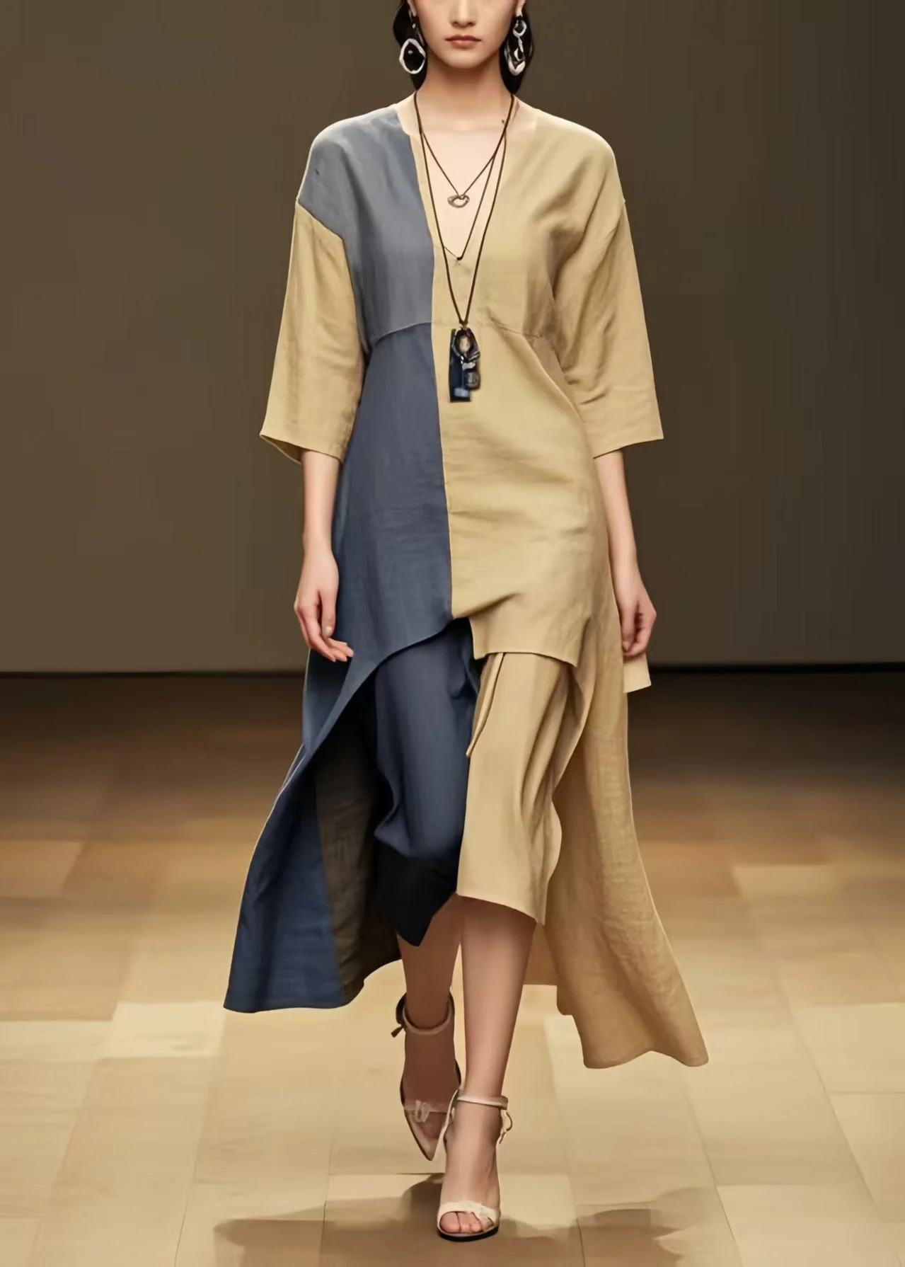 Khaki Patchwork Cotton Long Dresses Asymmetrical Summer - Image 5