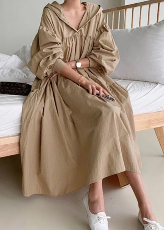 Khaki Patchwork Cotton Long Dresses Wrinkled Puff Sleeve - Image 2