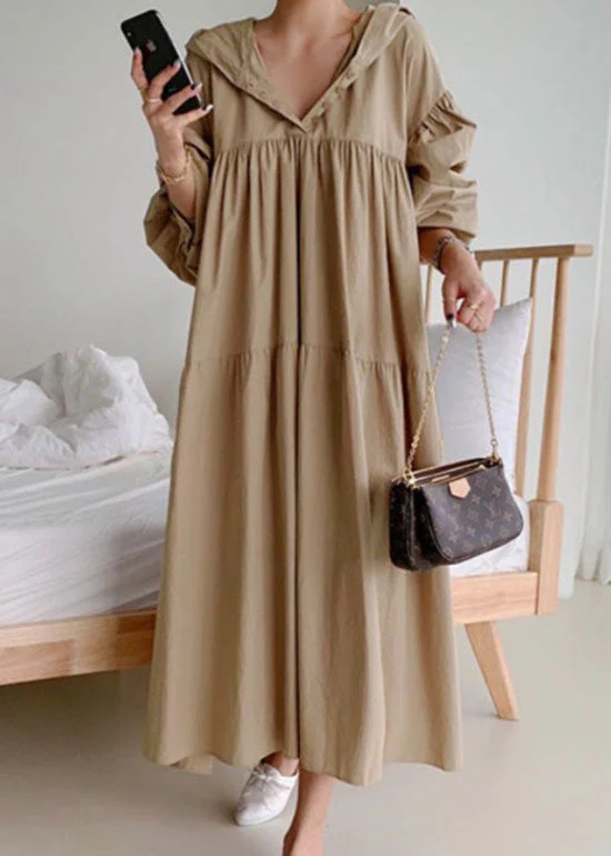 Khaki Patchwork Cotton Long Dresses Wrinkled Puff Sleeve - Image 3