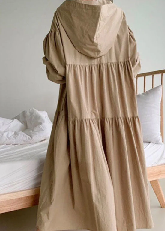 Khaki Patchwork Cotton Long Dresses Wrinkled Puff Sleeve - Image 4