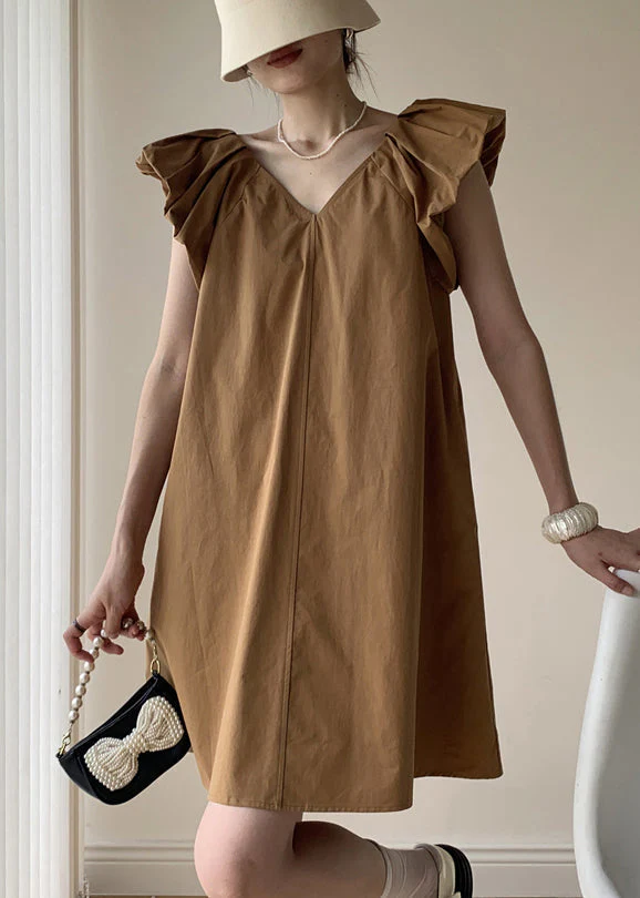 Khaki Patchwork Cotton Mid Dresses V Neck Wrinkled Summer - Image 2