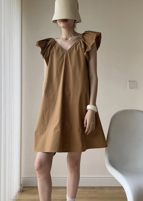 Khaki Patchwork Cotton Mid Dresses V Neck Wrinkled Summer - Image 3