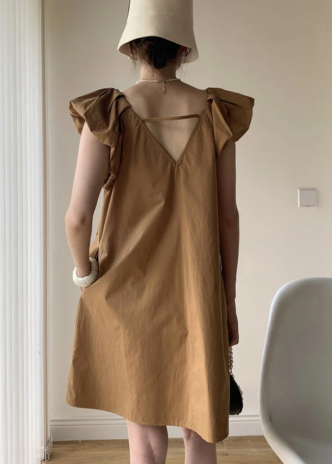 Khaki Patchwork Cotton Mid Dresses V Neck Wrinkled Summer - Image 4