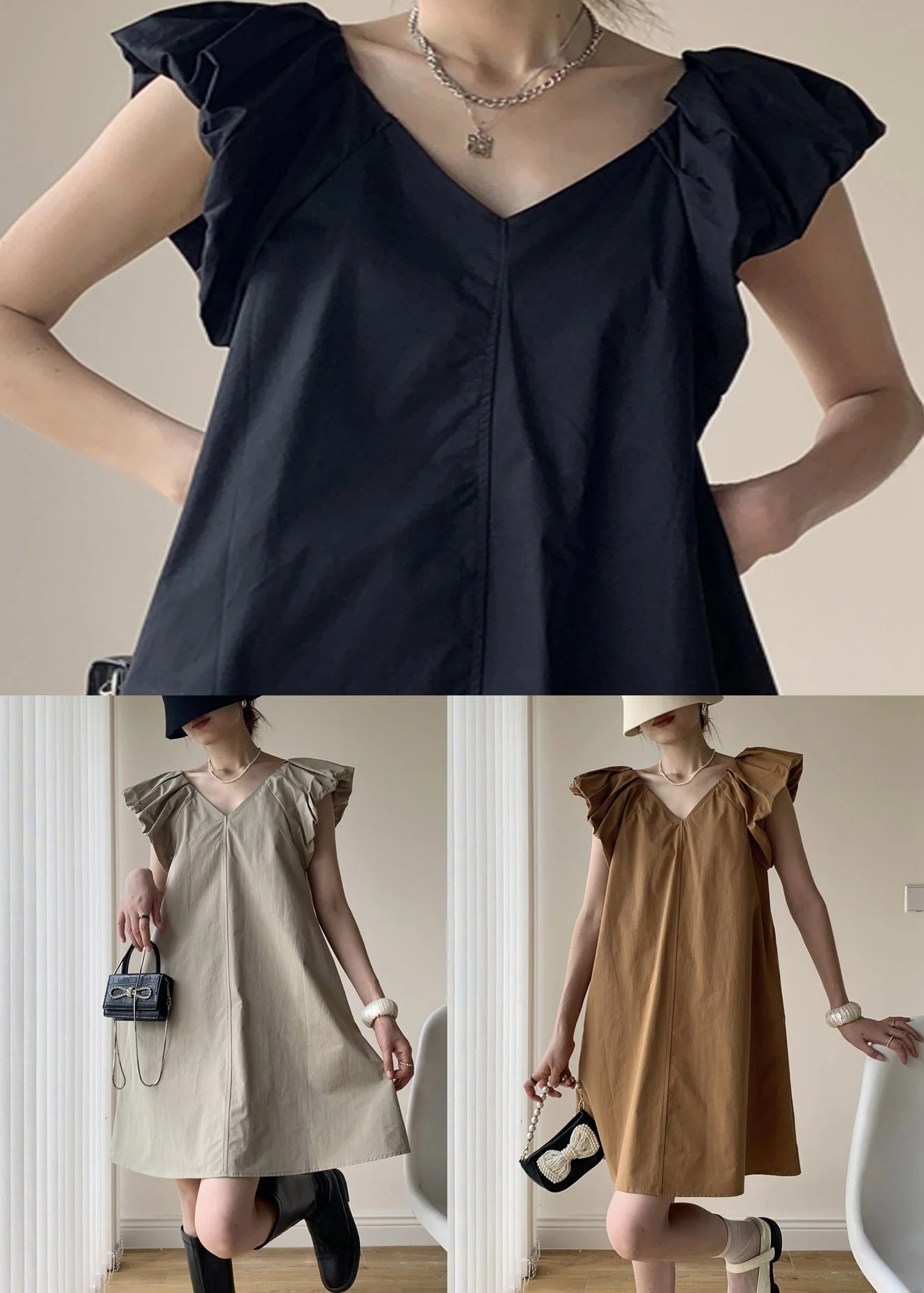Khaki Patchwork Cotton Mid Dresses V Neck Wrinkled Summer - Image 5