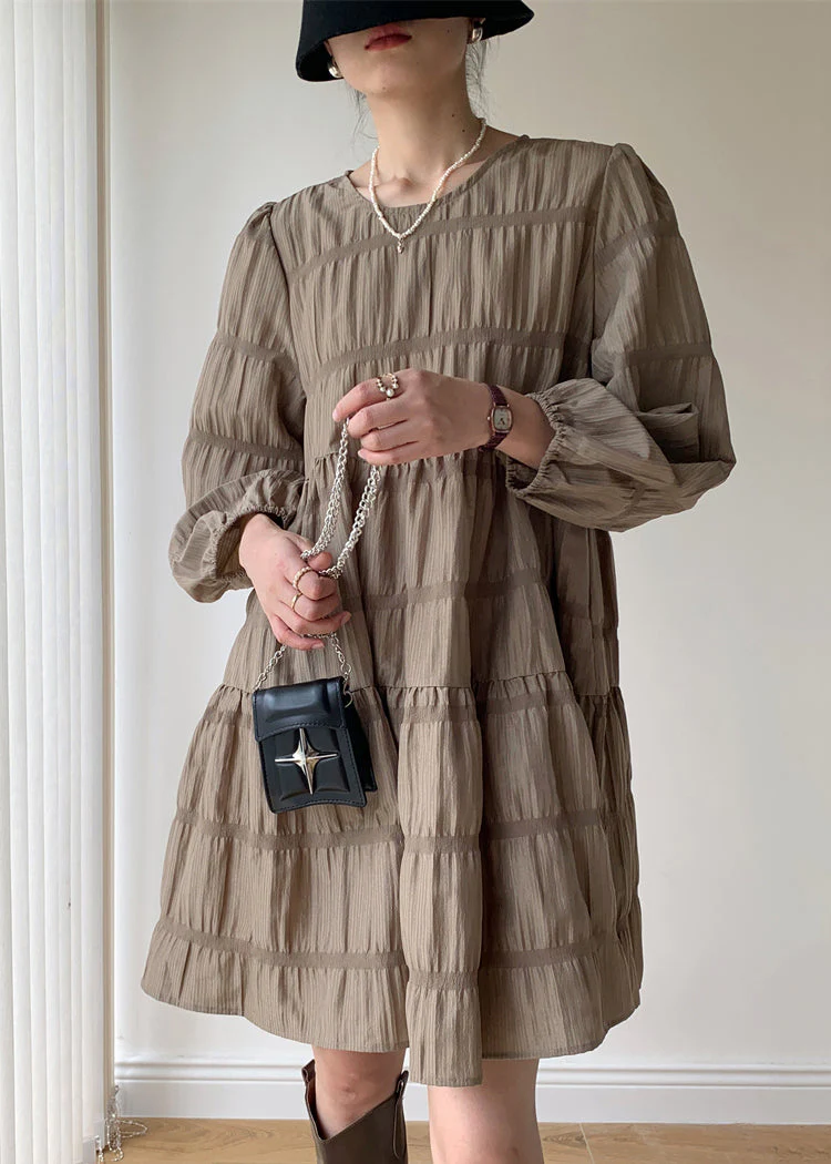 Khaki Patchwork Cotton Mid Dresses Wrinkled O Neck Fall - Image 2