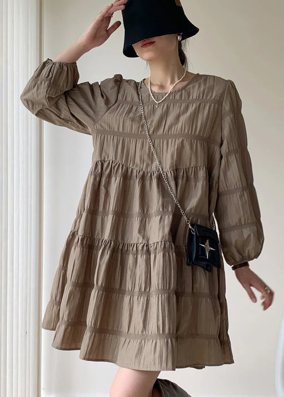 Khaki Patchwork Cotton Mid Dresses Wrinkled O Neck Fall - Image 3