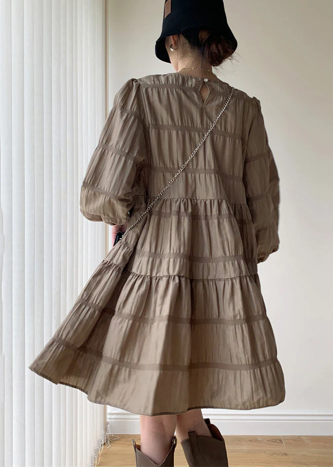 Khaki Patchwork Cotton Mid Dresses Wrinkled O Neck Fall - Image 4