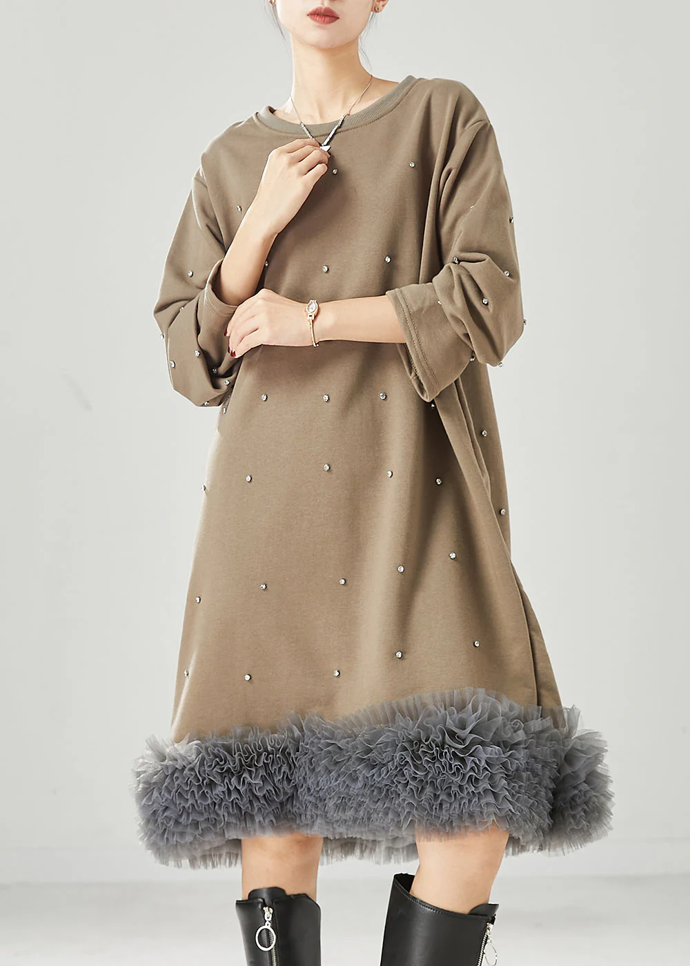 Khaki Patchwork Cotton Sweatshirts Dress Oversized Ruffled Spring - Image 2