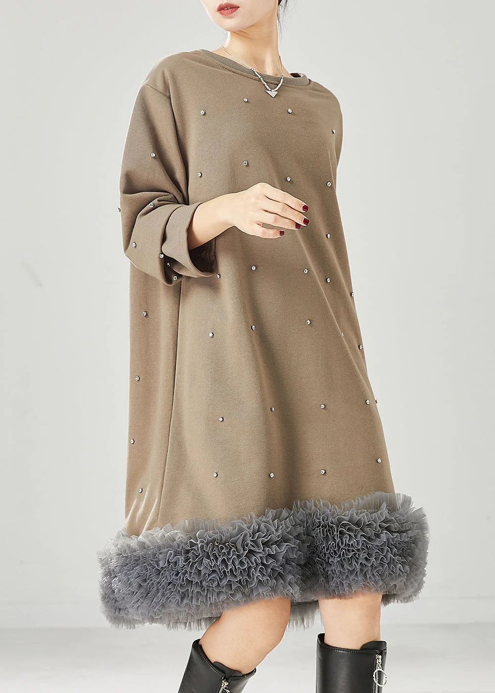 Khaki Patchwork Cotton Sweatshirts Dress Oversized Ruffled Spring - Image 3