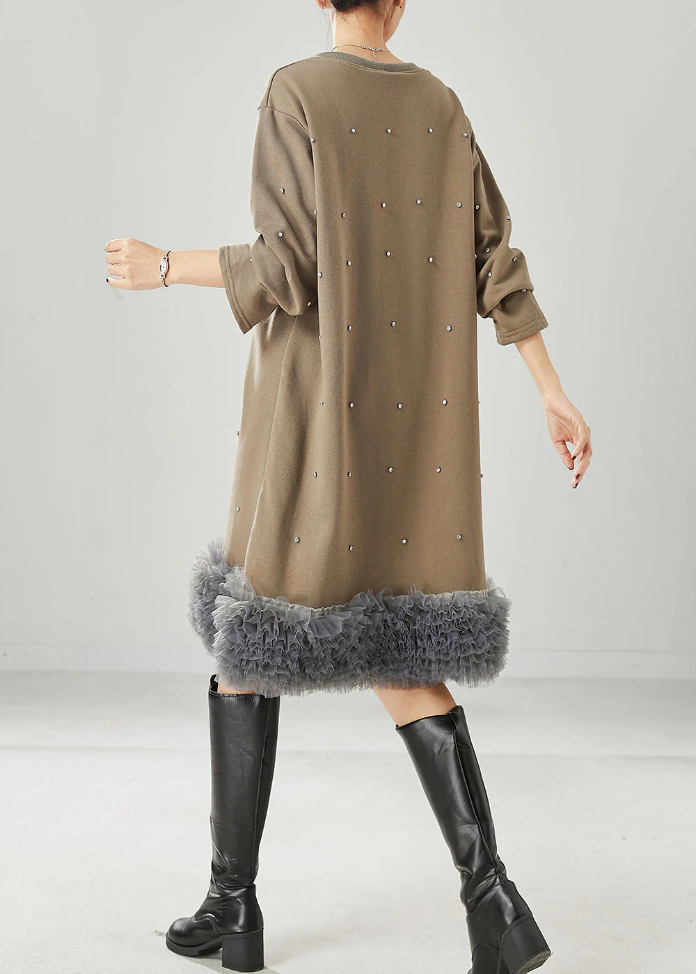 Khaki Patchwork Cotton Sweatshirts Dress Oversized Ruffled Spring - Image 4