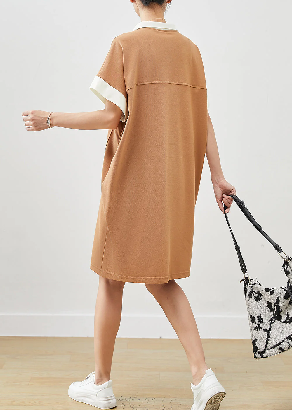 Khaki Patchwork Cotton Sweatshirts Dress Oversized Summer - Image 4
