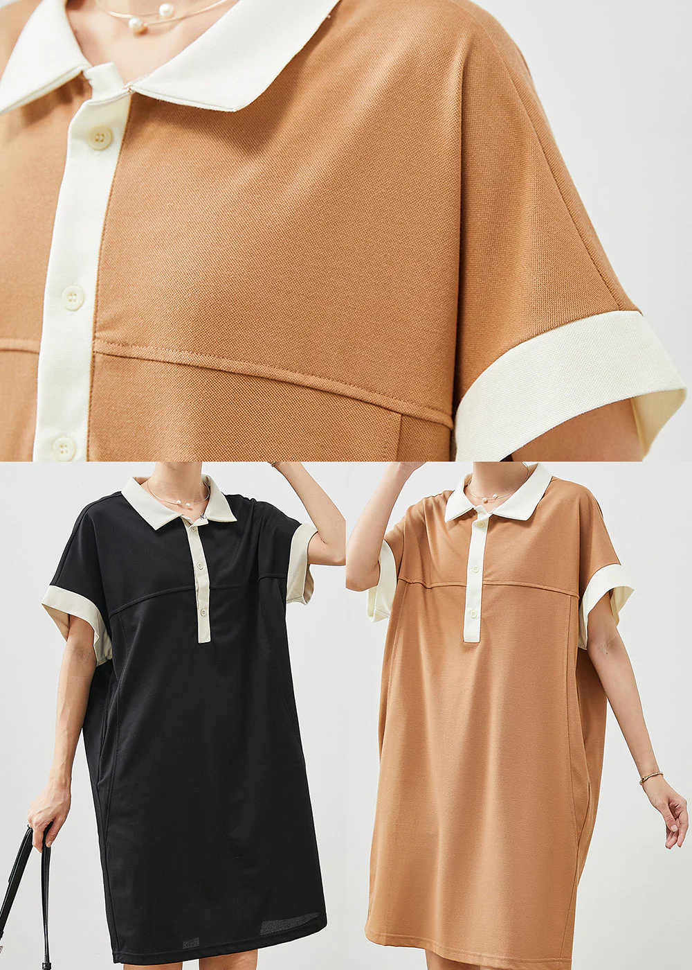 Khaki Patchwork Cotton Sweatshirts Dress Oversized Summer - Image 5