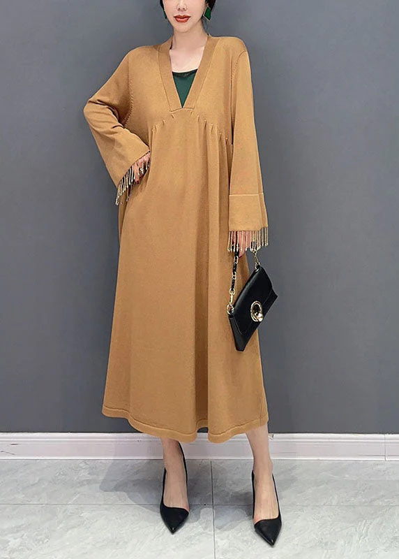 Khaki Patchwork Knit Ankle Dress Oversized Tassel Spring - Image 2