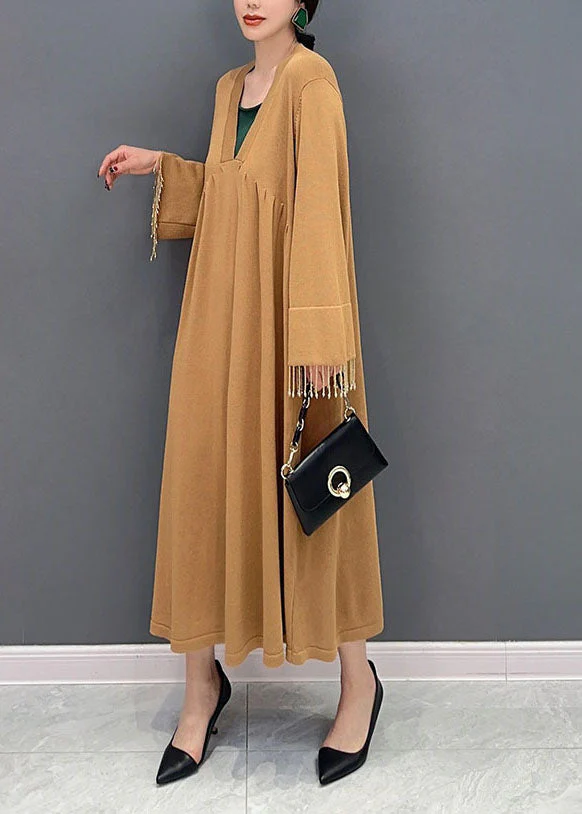 Khaki Patchwork Knit Ankle Dress Oversized Tassel Spring - Image 3