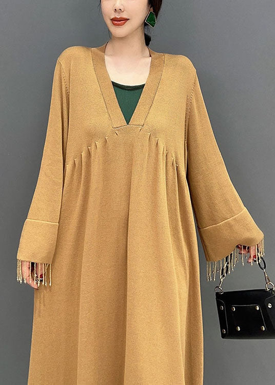 Khaki Patchwork Knit Ankle Dress Oversized Tassel Spring - Image 4