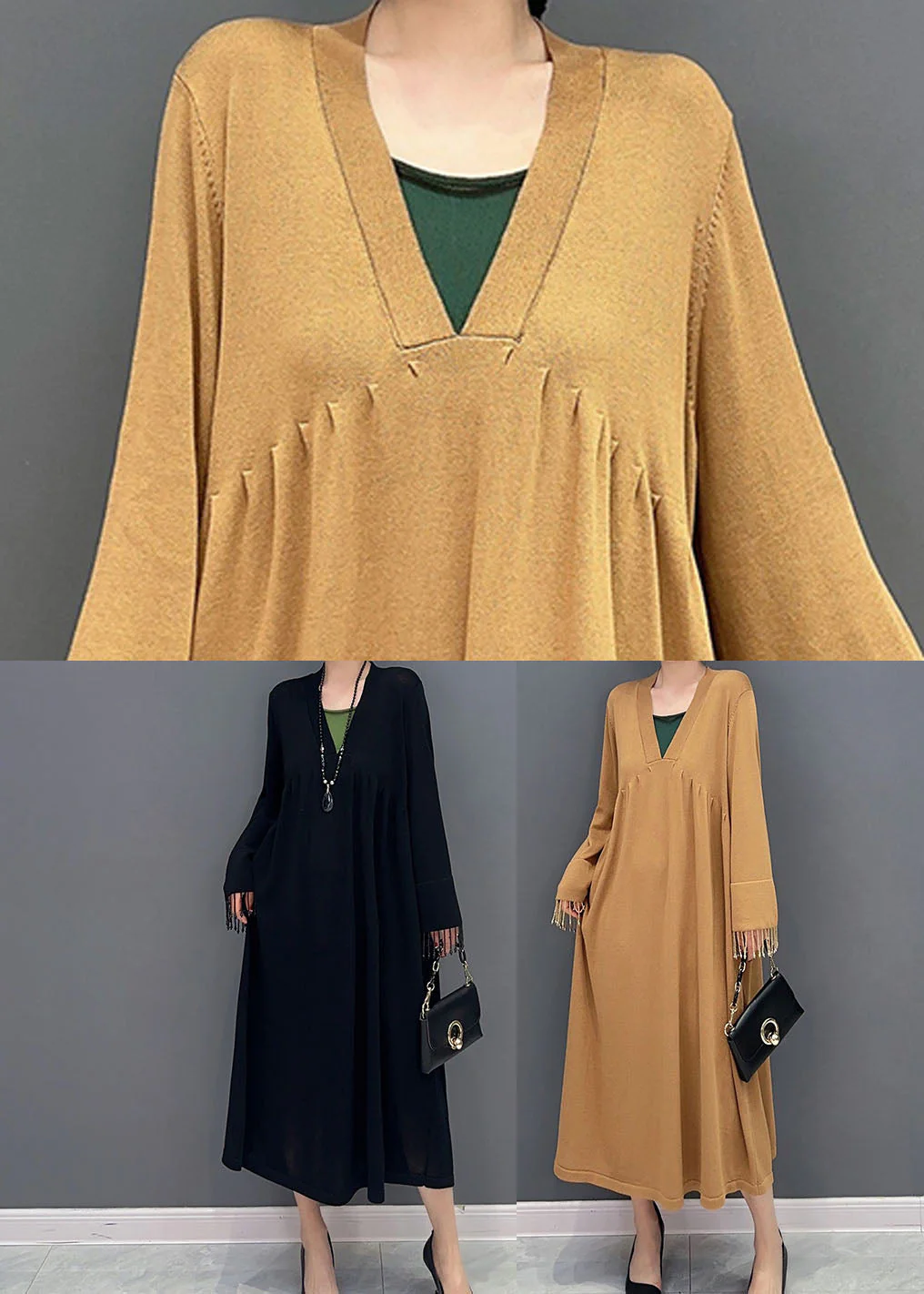 Khaki Patchwork Knit Ankle Dress Oversized Tassel Spring - Image 5