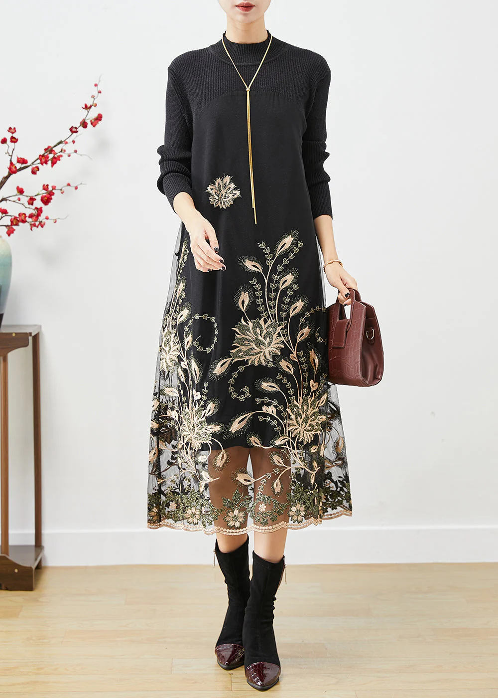 Khaki Patchwork Knit Holiday Dresses Embroideried Fall - Image 2