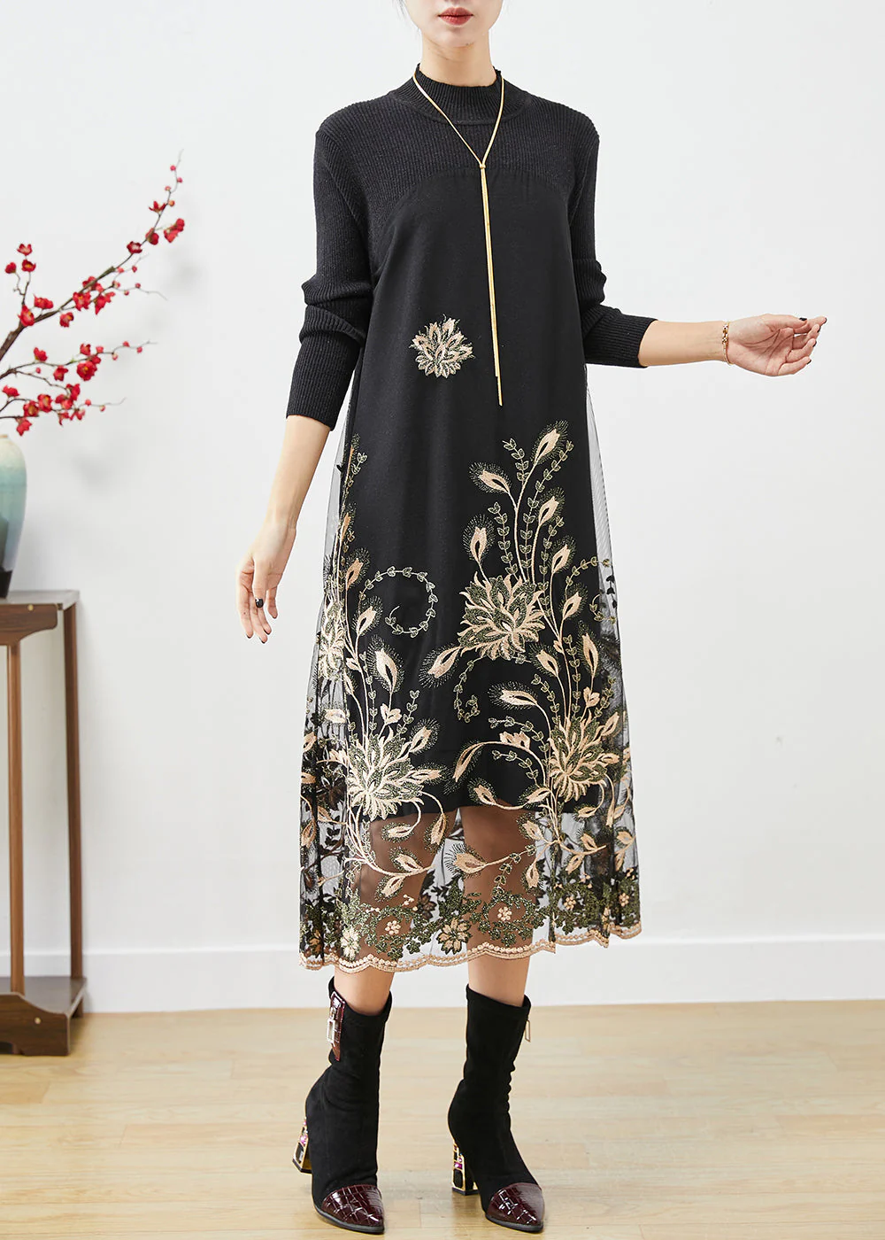 Khaki Patchwork Knit Holiday Dresses Embroideried Fall - Image 3