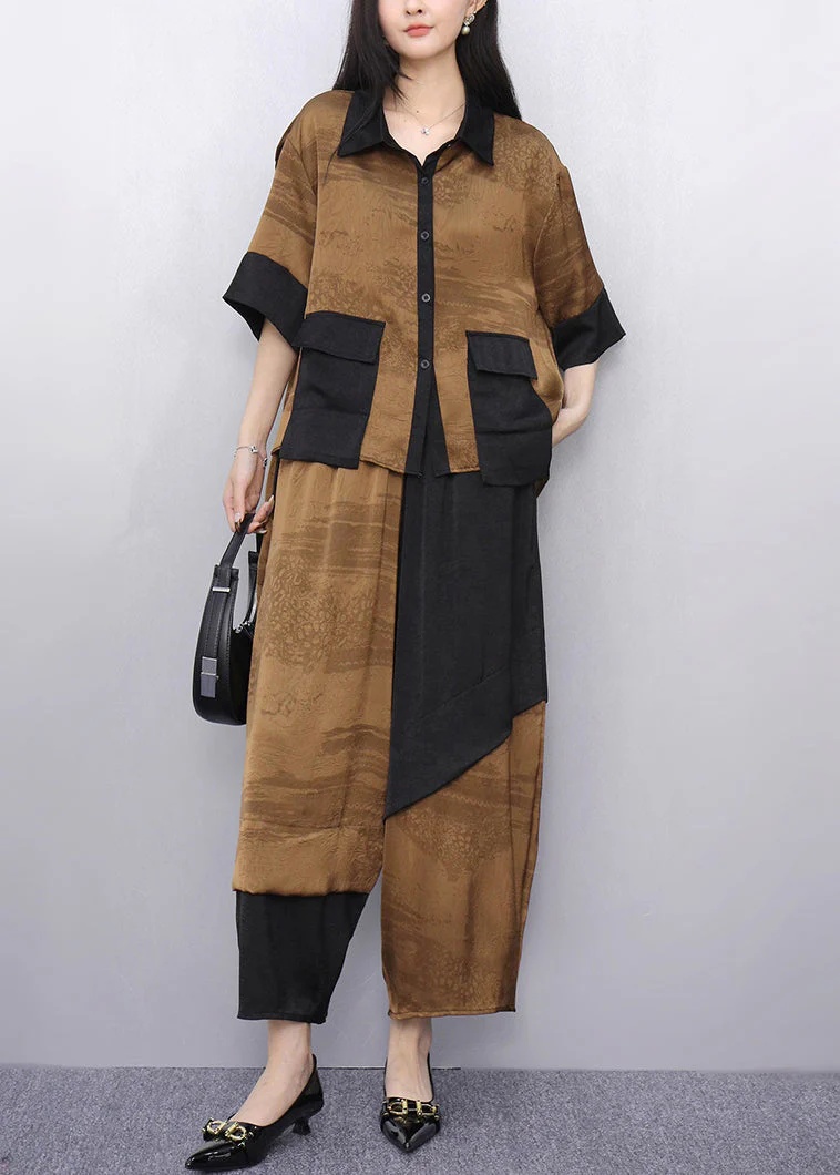 Khaki Patchwork Shirt And Crop Pants Two Pieces Set Short Sleeve - Image 2