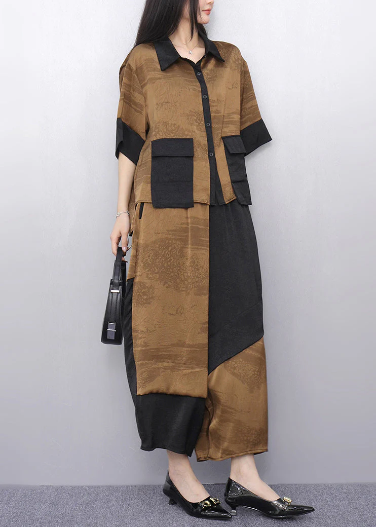Khaki Patchwork Shirt And Crop Pants Two Pieces Set Short Sleeve - Image 3