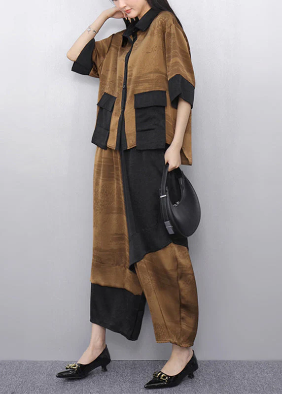 Khaki Patchwork Shirt And Crop Pants Two Pieces Set Short Sleeve - Image 4