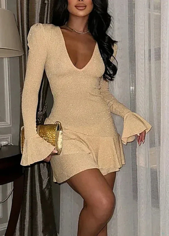 Khaki Patchwork Silk Vacation Mid Dresses Flare Sleeve - Image 2