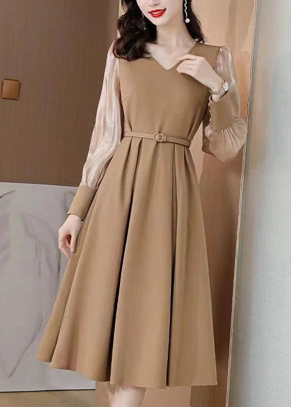 Khaki Patchwork Spandex A Line Dresses Cinched Spring - Image 3
