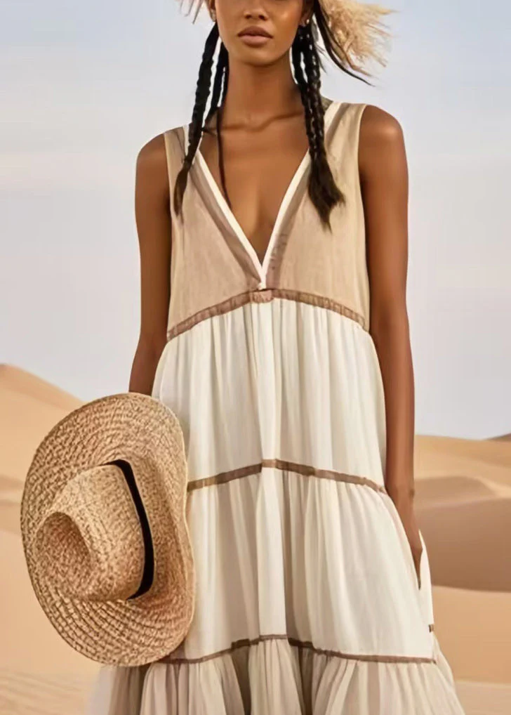 Khaki Patchwork Tulle Sundresses V Neck Summer - Image 2
