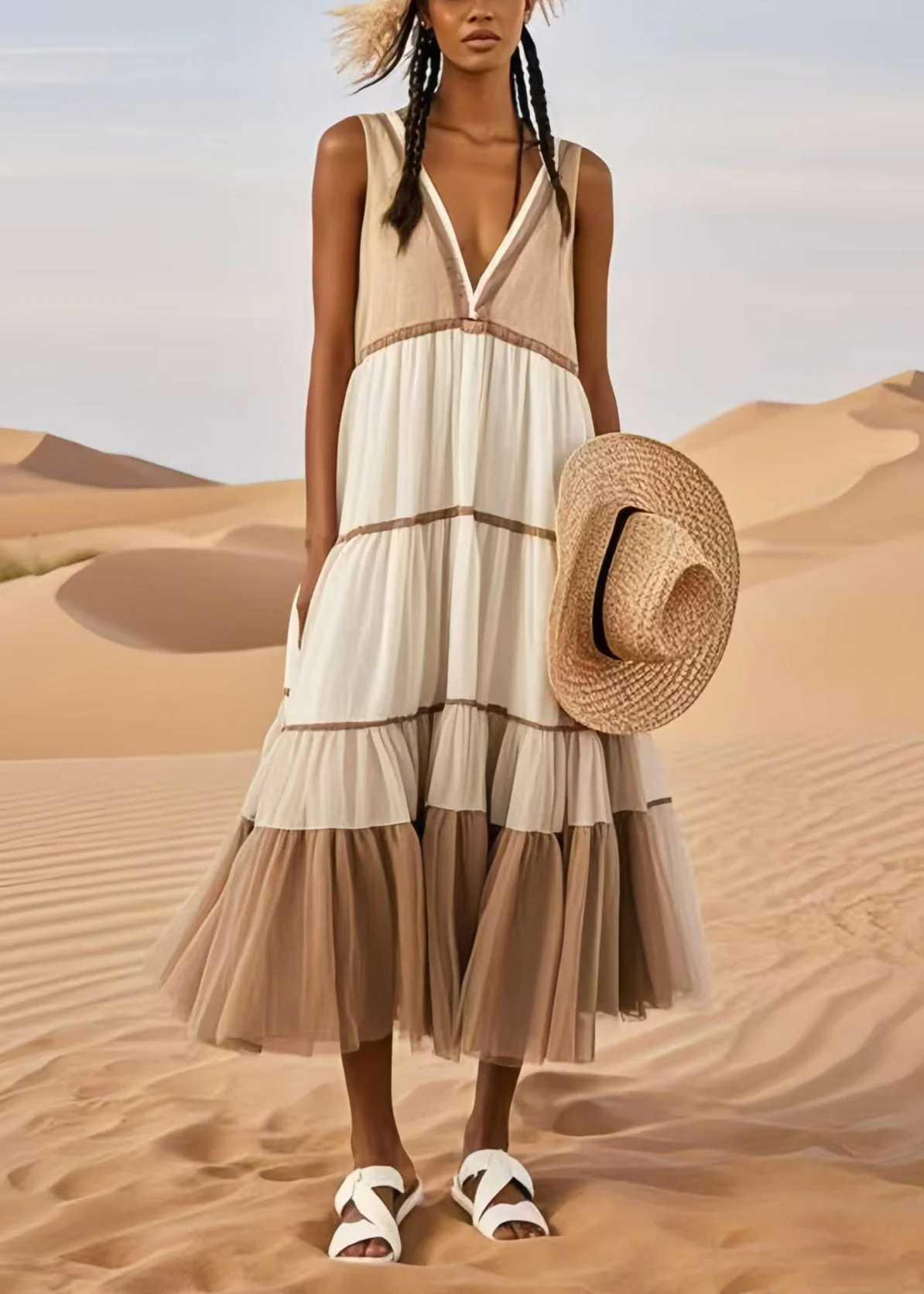 Khaki Patchwork Tulle Sundresses V Neck Summer - Image 3