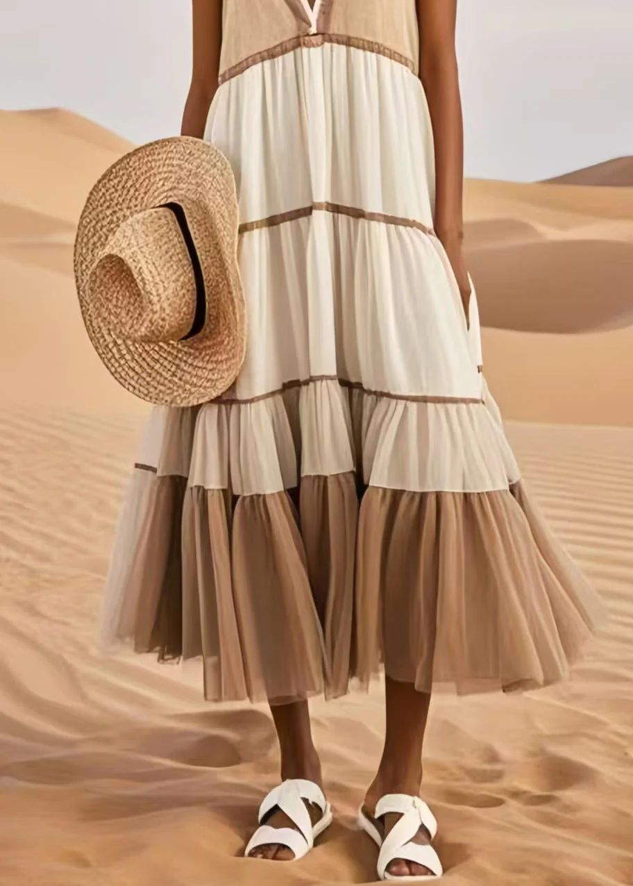 Khaki Patchwork Tulle Sundresses V Neck Summer - Image 4