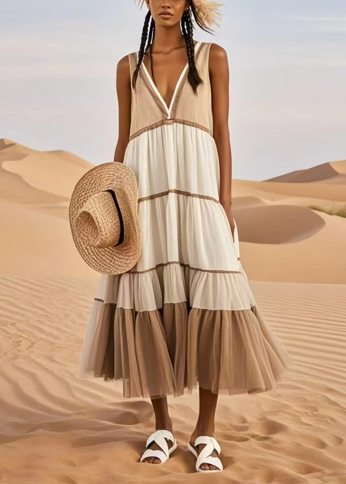 Khaki Patchwork Tulle Sundresses V Neck Summer - Image 5