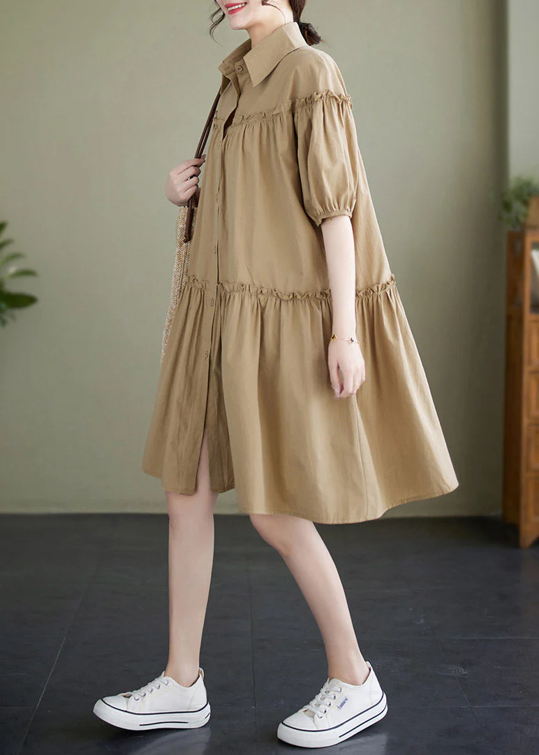 Khaki Peter Pan Collar Button Cotton Mid Dress Short Sleeve - Image 3