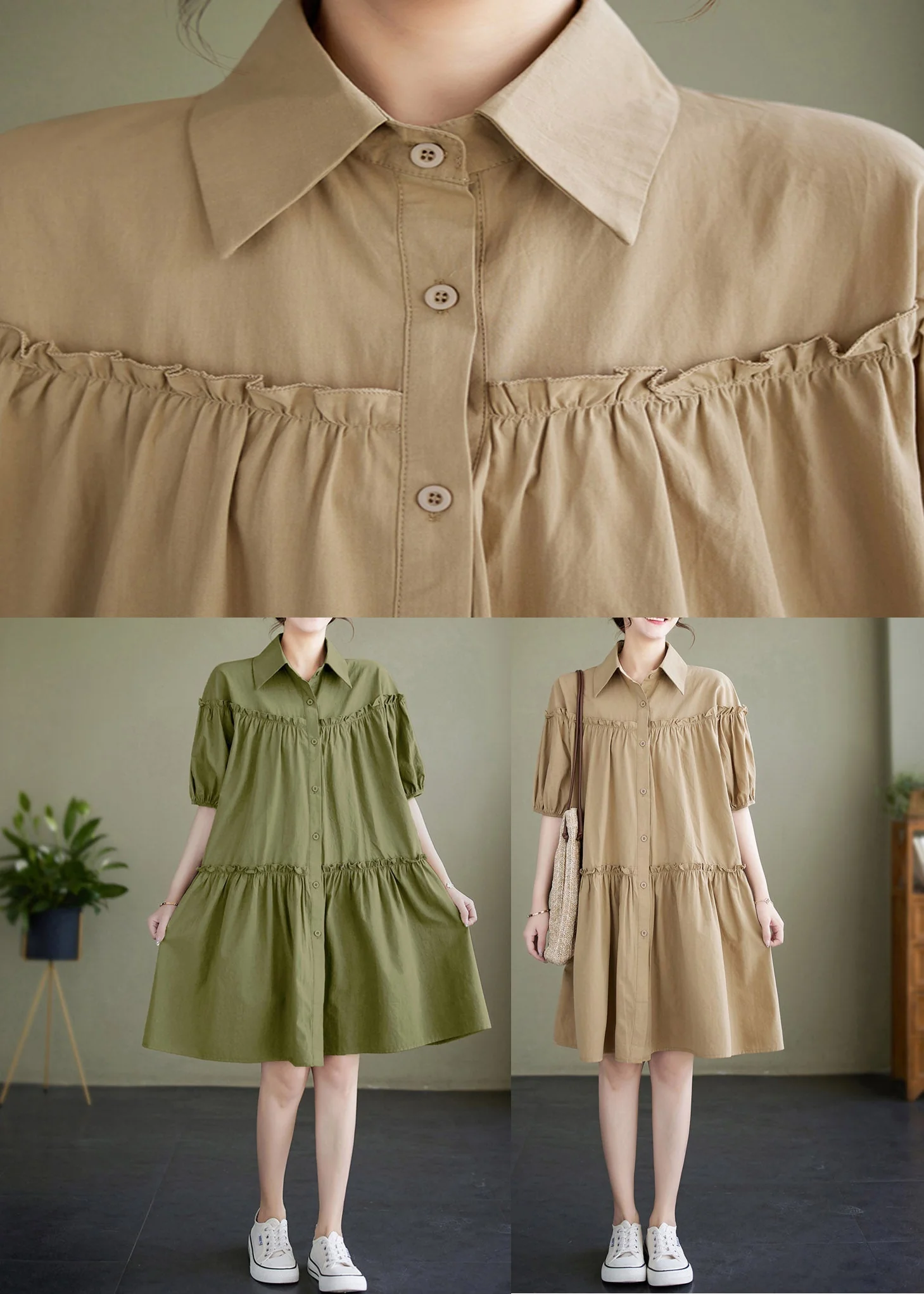 Khaki Peter Pan Collar Button Cotton Mid Dress Short Sleeve - Image 5