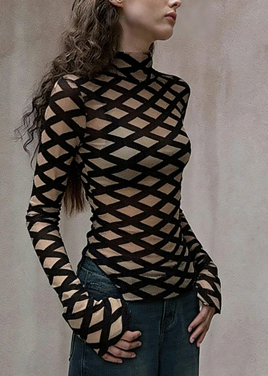 Khaki Plaid Cotton Top Stand Collar Side Open Spring - Image 3
